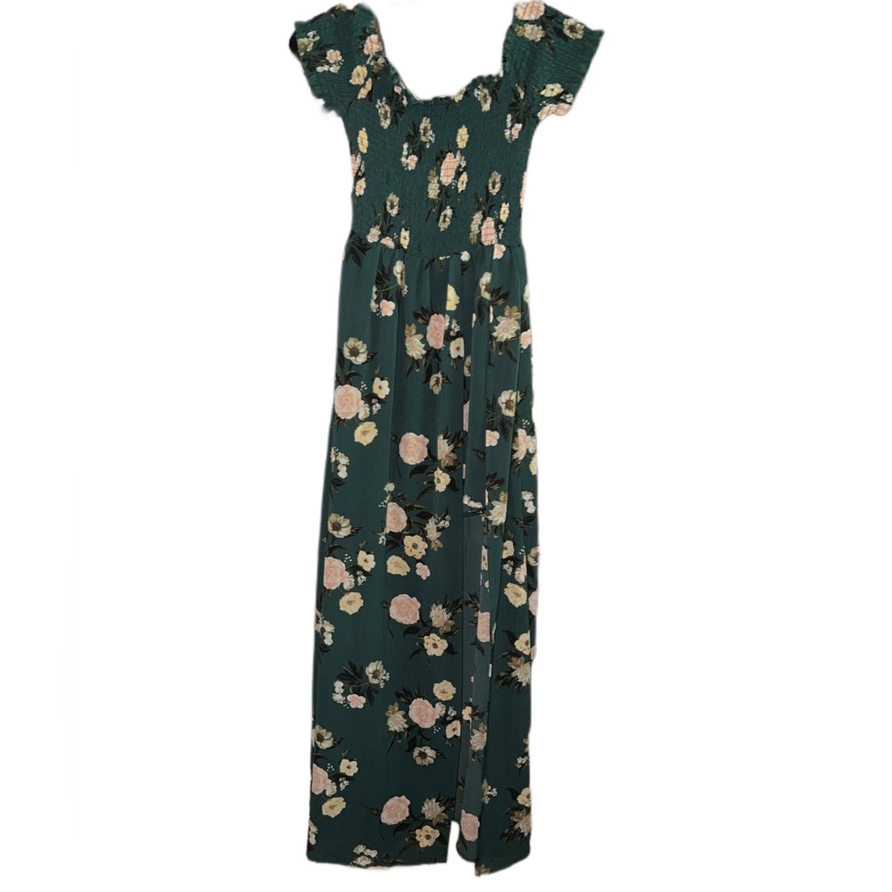 Dark green floral split maxi romper dress size XS